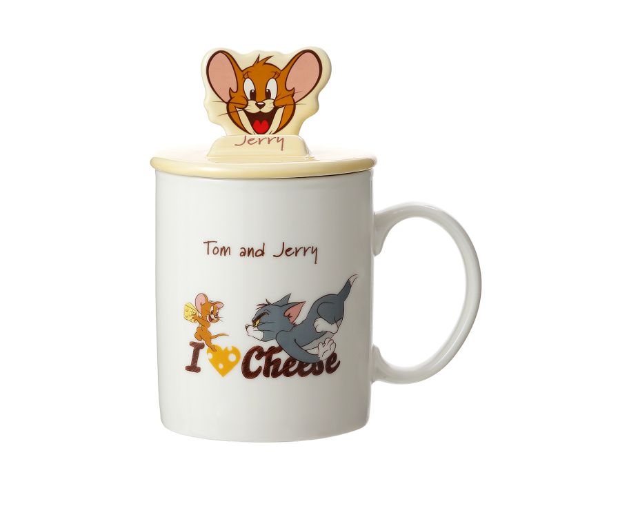 Tom and Jerry I Love Cheese Collection Ceramic Mug with Cover 340ml(Yellow,Jerry)