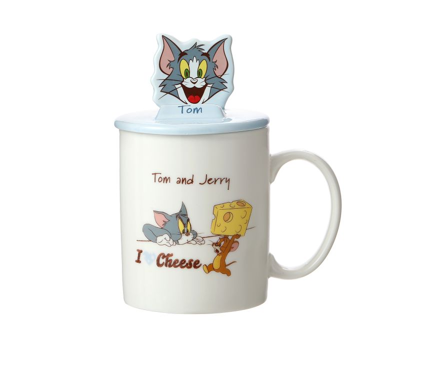 Tom and Jerry I Love Cheese Collection Ceramic Mug with Cover 340ml(Blue,Tom)